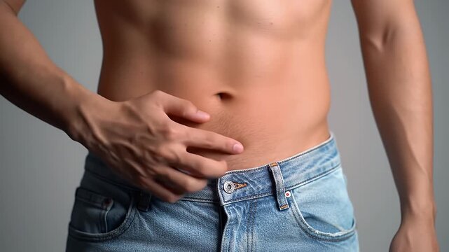 Close Up of Bare Chested Person in Light Wash Denim Jeans Under Soft Studio Lighting Perfect for Fashion Advertisement Body Care Promotion and Medical Research on Dermatology