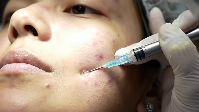 Close Up of Cosmetic Injection on Woman's Face at Dermatology Clinic. Syringe Injecting Filler Underneath Acne Prone Skin in Beauty Treatment Session for Healthcare Ads and Skincare Promotion
