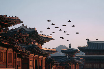 Many pairs of shoes are floating in the sky above a traditional asian building with a clear sky at dusk
