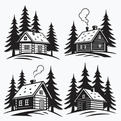 Fototapeta premium Four winter cabins nestled among pine trees log cabin forest