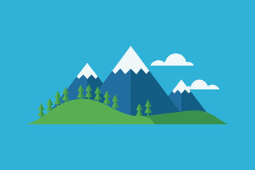Flat Design Mountain Landscape Vector Illustration with Trees and Clouds Serene Outdoor Scene for Design Projects
