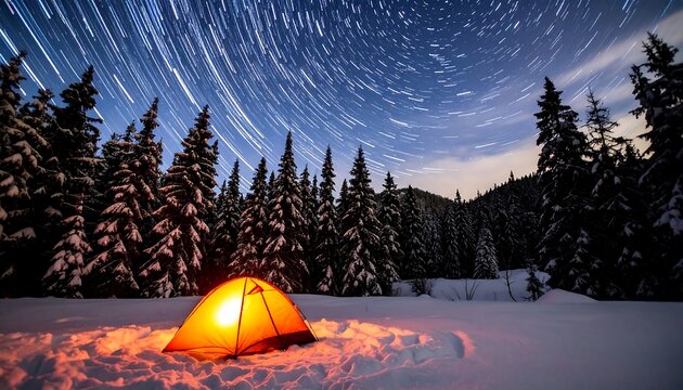 Snowy forest campsite under a starlit sky