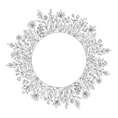 Floral Circle Frame with Delicate Leaves and Flowers