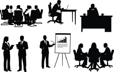 Business meeting and office work silhouette illustration set with teamwork, presentation, corporate discussion, leadership, strategy planning vector design collection.