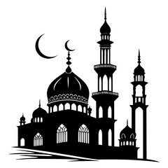Islamic mosque silhouette with crescent moon architecture building