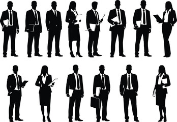 Silhouette illustration of professional business men and women in formal suits holding documents, office staff, teamwork corporate vector design collection.