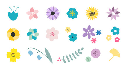 カラフルな花と葉のイラストパーツセット（フラワーデザイン・装飾・ベクター素材）