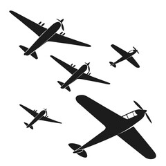 Multiple propeller aircraft silhouettes in flight airplane flying