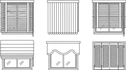 Collection of window treatments including blinds, shutters, and shades for interior design