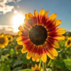 Vibrant sunflower in a field at sunset