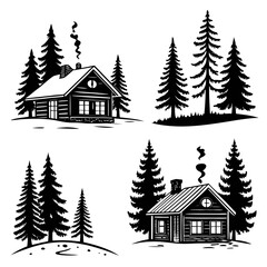 Rustic cabins and pine trees in winter landscape snow smoke