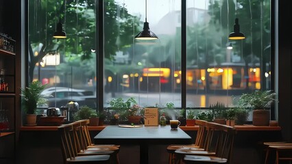 cozy cafe window view on a rainy day with green plants and warm brown interior - Powered by Adobe