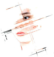 A minimalist painted portrait of a young woman closeup