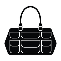 Large capacity multi-pocket handbag Silhouette, Vector, Illustration, Outline, Line Art, Icon, White Background.