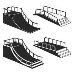 Skatepark ramps and rails black silhouettes obstacles extreme sports © rabby