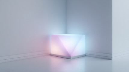 Illuminated geometric cube with soft pastel glow in minimalist corner setting