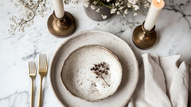 Elegant marble table setting with rustic dishware and candles