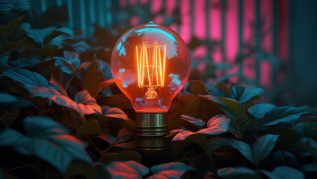 Vintage edison light bulb illuminated amidst dark foliage with neon pink and blue lighting