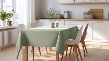 Pale green linen draped over rustic wooden surface table, kitchen minimalist illuminating white interior