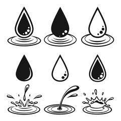 Stylized water drops and splashes black and white icons liquid fluid