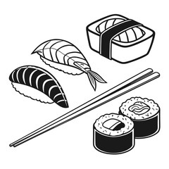 Sushi food shapes with chopsticks silhouettes