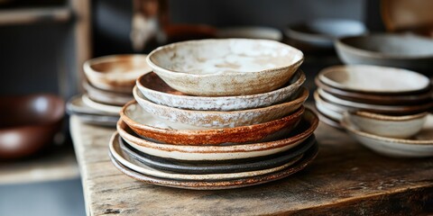 Rustic ceramic plates stacked on wooden table in cozy kitchen setting