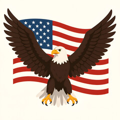 Fototapeta premium Bald eagle with wings spread in front of a flag