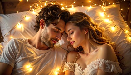 Romantic couple in bed surrounded by warm fairy lights. Sharing an intimate moment. Detailed high quality image.