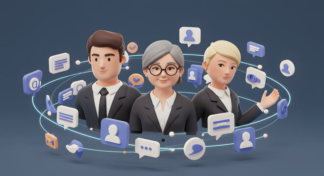Diverse Business Team Communicating and Networking Online: A 3D Rendering Depicting Modern Communication Strategies and Collaboration for Success in Business