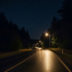 Night Road Through Forest, Lit by Streetlights.