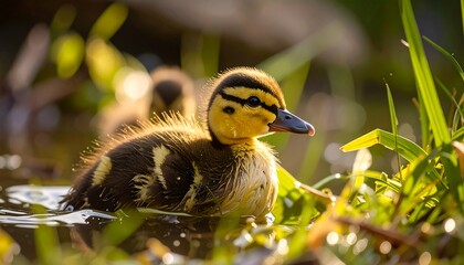 Young duckling in shallow water