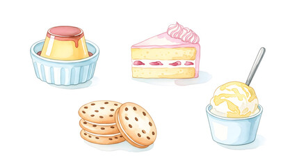 Artistic and adorable watercolor desserts including cakes, cookies, pudding, and ice cream, ideal for greeting cards, wall art, and home decor.