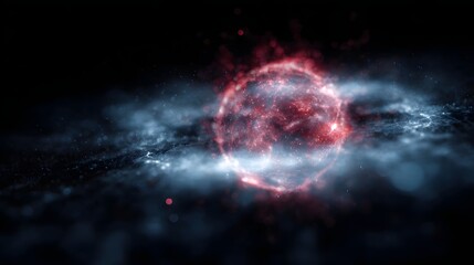 Abstract glowing sphere of red and blue energy particles simulating atomic fusion in a dark cosmic digital background