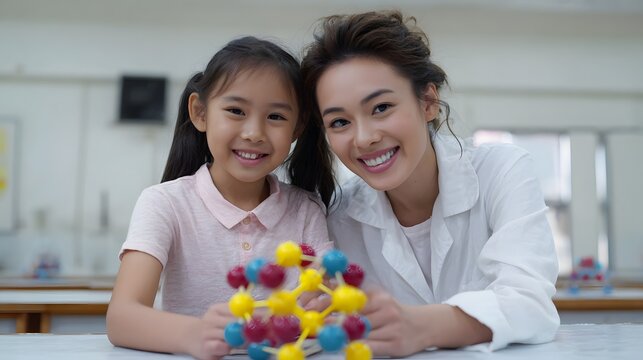 A smiling young Asian girl and her teacher hold a colorful molecular model in a bright classroom symbolizing learning and discovery - Powered by Adobe