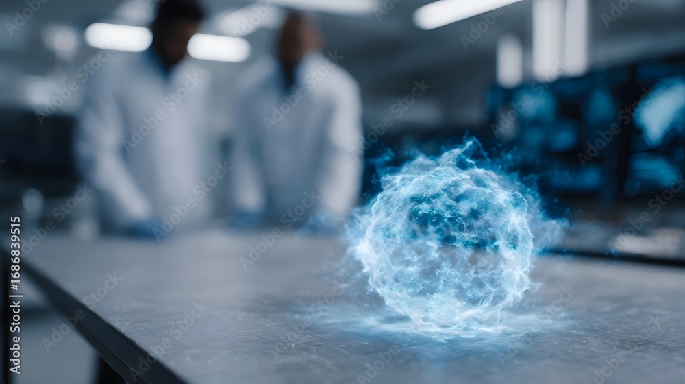 Wall mural futuristic glowing sphere of energy hovering above a laboratory table with scientists in the backgro