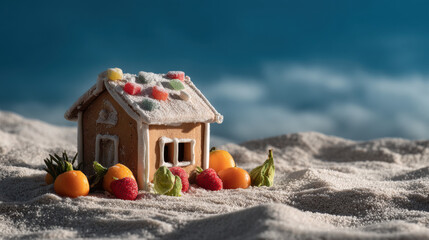 whimsical gingerbread house with virtual projections of various candies stands against frosty winter landscape