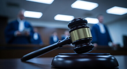 Close up of a judge s gavel on a wooden block in a courtroom with blurred figures in the background