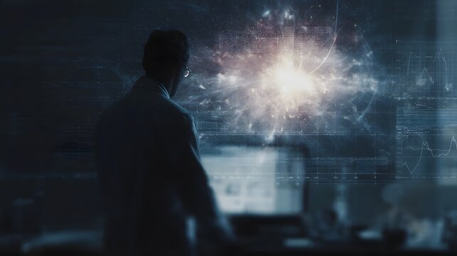 A researcher studies complex scientific data and glowing atomic phenomena on futuristic digital screens in a dark laboratory setting