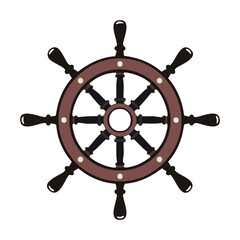 Obraz premium Nautical ship wheel with dark handles and brown rim maritime steering wheel