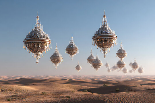 Floating futuristic structures hover above a desert landscape, blending technology and nature in a surreal scene - Powered by Adobe