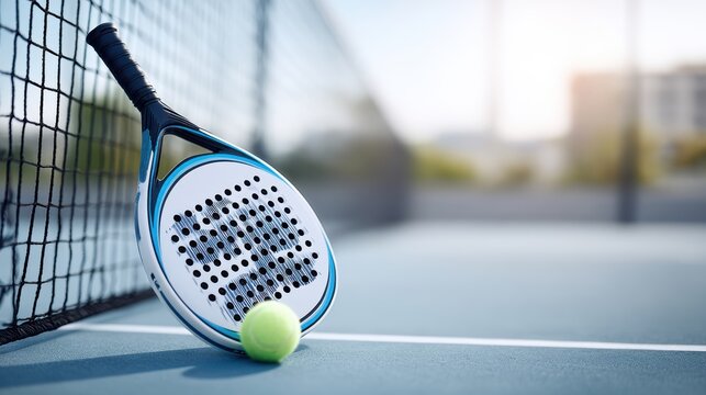 Tennis racket with perforated strings rests on a court beside a bright yellow ball, showcasing sports equipment and inviting outdoor activity in a vibrant setting