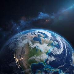 A stunning view of earth from space with city lights and cloud cover