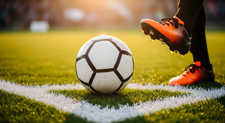 Dynamic outdoor soccer action with a player's foot and a ball on the field at sunset, ready for a corner kick opportunity