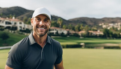 Happy man in golf attire and cap standing on a sunny golf course with luxury villas in the background. Concept of sport, leisure, lifestyle, business networking, travel and success.