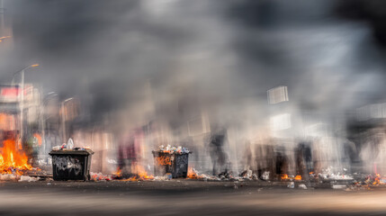 Rapidly moving blurred shadows near burning trash bins and debris in smoky urban scene with flickering streetlights
