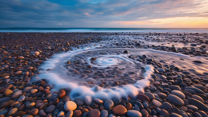 Mesmerizing spiral of sea foam swirling over a pebble beach at sunset