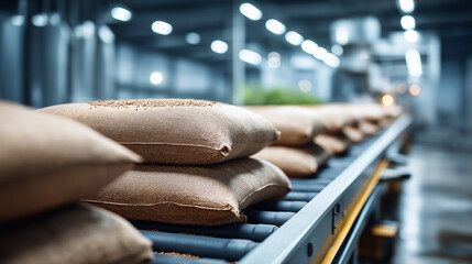 A detailed view of an automated packaging section inside an agricultural facility processed materials neatly packed into uniform bags bright lighting reflecting off clean surface