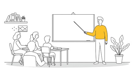 Minimalist Vector Illustration of Teacher or Trainer Presenting with Whiteboard and Audience in Classroom or Seminar Setup"