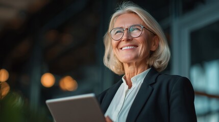 Smiling senior businesswoman with tablet standing in modern office. Confident professional leader symbolizing experience, wisdom, success, corporate growth, innovation and executive management.