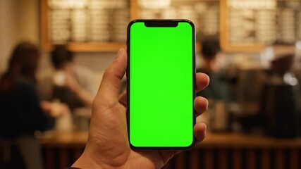 Holding a Smartphone With Green Screen in a Coffee Shop, With a Blurred Background Bokeh, Suitable for Visual Effects and Graphic Overlays - Powered by Adobe